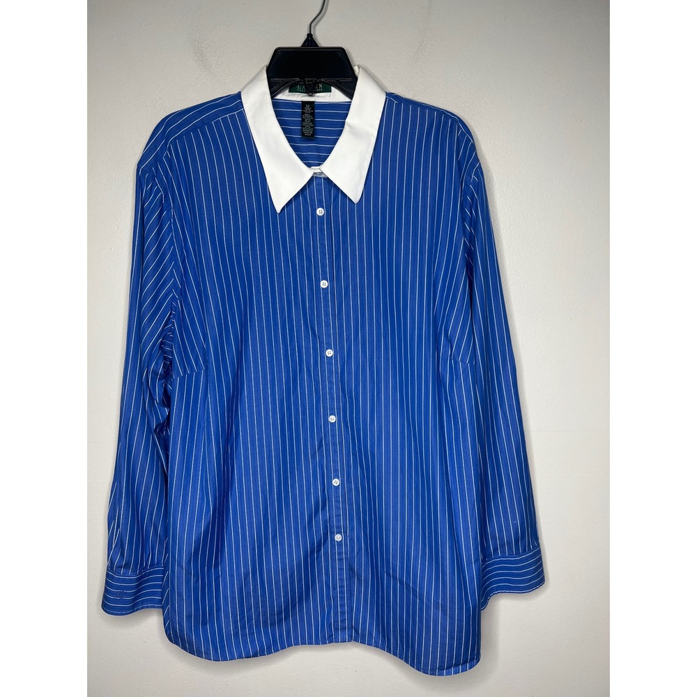 Lauren Ralph Lauren Blue Pinstripe Button Down Shirt White Collar Plus 3X Preppy